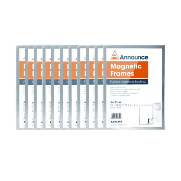 Announce Magnetic Frames A4 Silver 9Pack of 10)